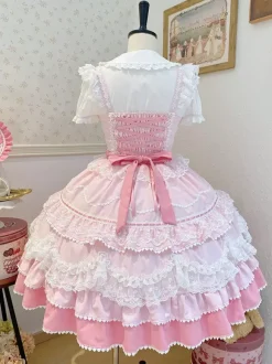 Robe Lolita douce en polyester sans manches avec n艙uds et chapeau rose