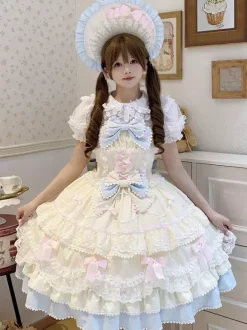 Robe Lolita douce en polyester sans manches avec n艙uds et chapeau rose