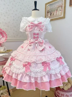 Robe Lolita douce en polyester sans manches avec n艙uds et chapeau rose