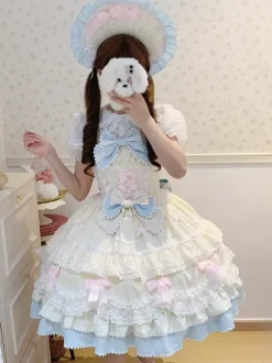 Robe Lolita douce en polyester sans manches avec n艙uds et chapeau rose