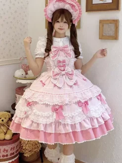 Robe Lolita douce en polyester sans manches avec n艙uds et chapeau rose
