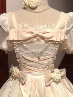 Robe Lolita Douce Fluide Manches Courtes En Dentelle Conte De Fées Décontracté N艙uds Volants Tulle Blanc