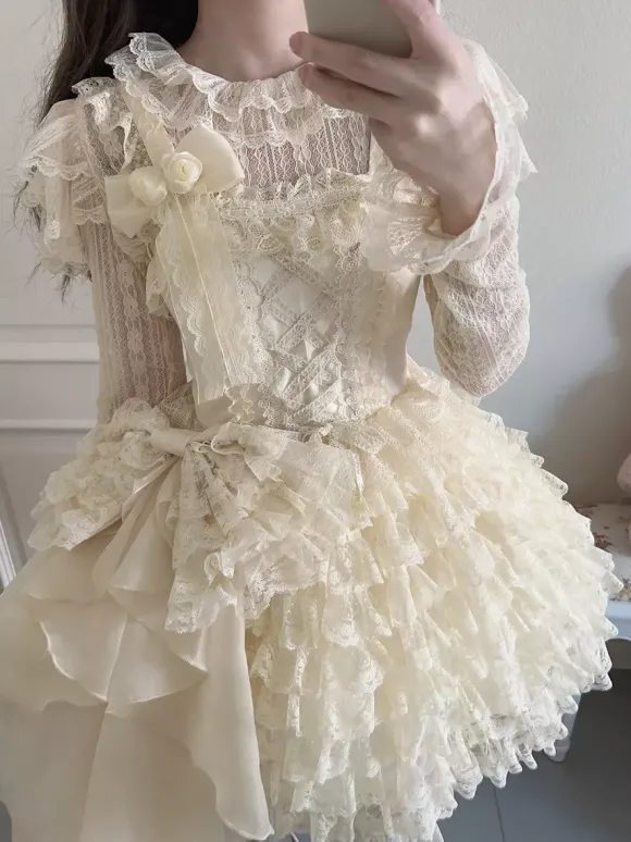 Robe Lolita douce Hime en polyester sans manches pull doux à volants robe Lolita abricot