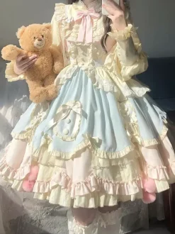 Robe Lolita douce à manches longues volants et n艙uds rose et bleue