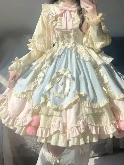 Robe Lolita douce à manches longues volants et n艙uds rose et bleue