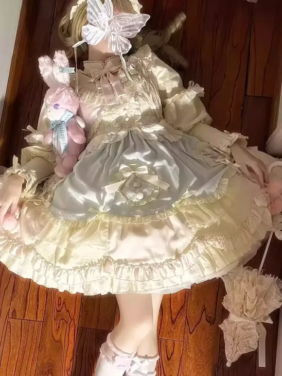 Robe Lolita douce à manches longues volants et n艙uds rose et bleue