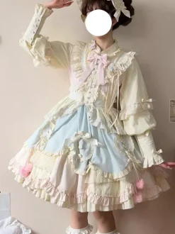 Robe Lolita douce à manches longues volants et n艙uds rose et bleue
