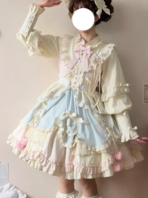 Robe Lolita douce à manches longues volants et n艙uds rose et bleue