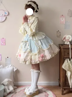 Robe Lolita douce à manches longues volants et n艙uds rose et bleue