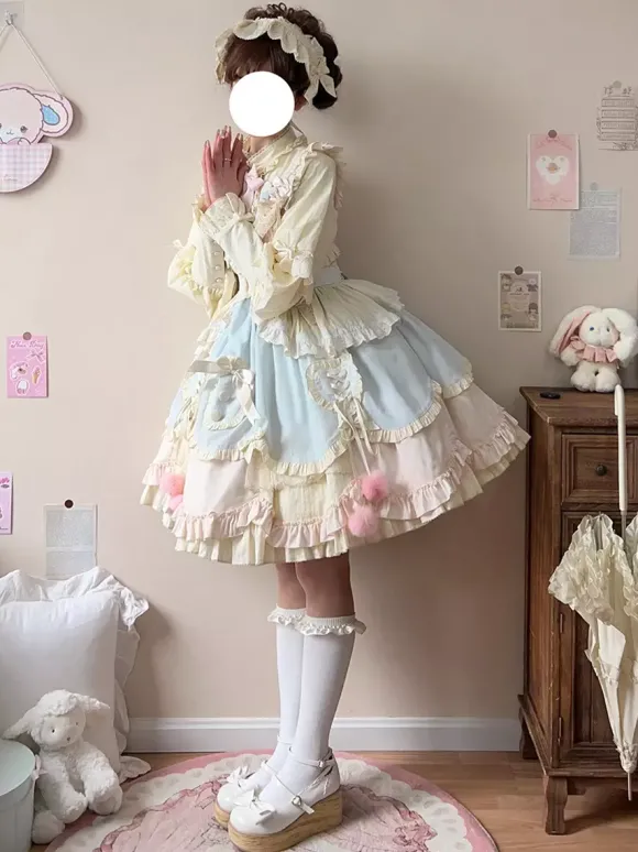 Robe Lolita douce à manches longues volants et n艙uds rose et bleue