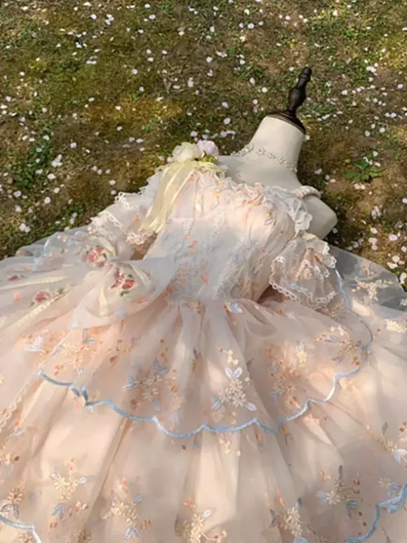 Robe Lolita douce sans manches fleurs brodées n艙uds en dentelle volants longue robe de princesse