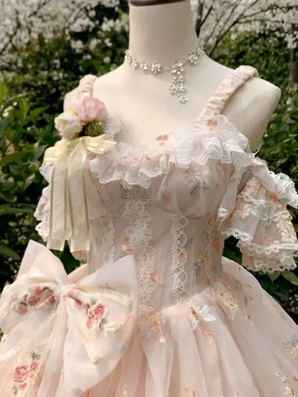 Robe Lolita douce sans manches fleurs brodées n艙uds en dentelle volants longue robe de princesse