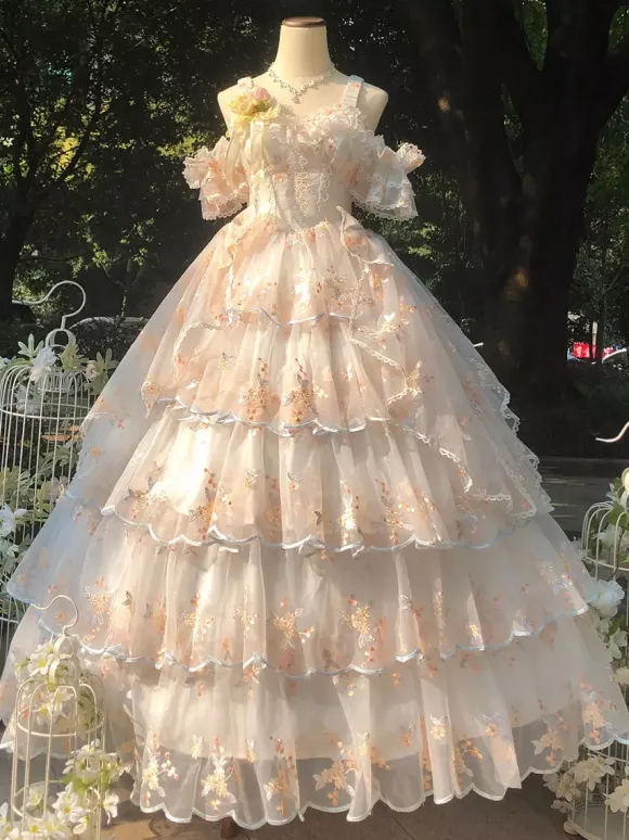 Robe Lolita douce sans manches fleurs brodées n艙uds en dentelle volants longue robe de princesse