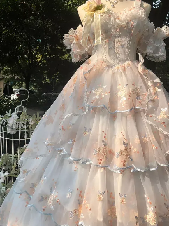 Robe Lolita douce sans manches fleurs brodées n艙uds en dentelle volants longue robe de princesse