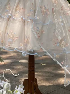 Robe Lolita douce sans manches fleurs brodées n艙uds en dentelle volants longue robe de princesse