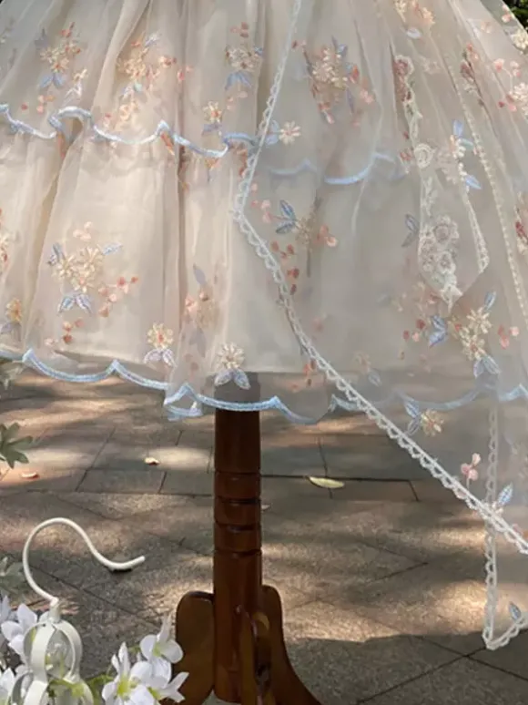 Robe Lolita douce sans manches fleurs brodées n艙uds en dentelle volants longue robe de princesse