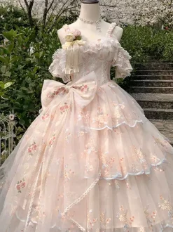 Robe Lolita douce sans manches fleurs brodées n艙uds en dentelle volants longue robe de princesse