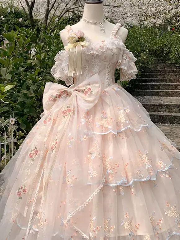 Robe Lolita douce sans manches fleurs brodées n艙uds en dentelle volants longue robe de princesse