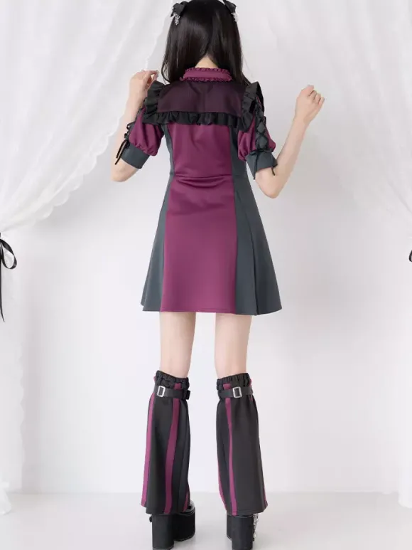Robe Lolita en maille à volants col manches courtes bloc de couleurs fermeture éclair manteau uniforme de sous-culture