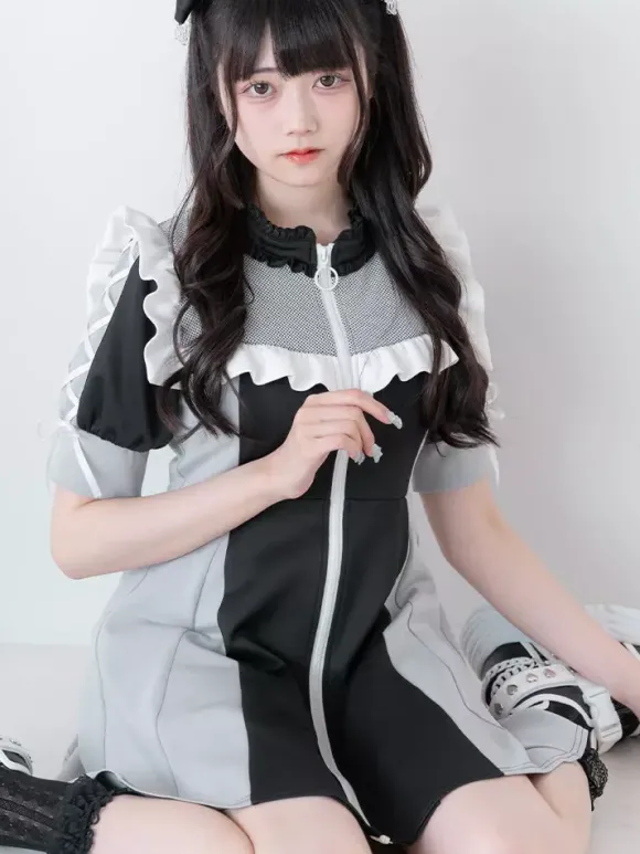 Robe Lolita en maille à volants col manches courtes bloc de couleurs fermeture éclair manteau uniforme de sous-culture