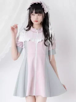 Robe Lolita en maille à volants col manches courtes bloc de couleurs fermeture éclair manteau uniforme de sous-culture