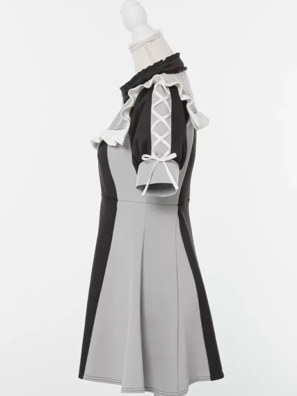 Robe Lolita en maille à volants col manches courtes bloc de couleurs fermeture éclair manteau uniforme de sous-culture