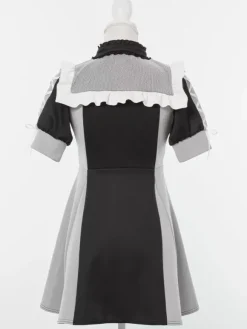 Robe Lolita en maille à volants col manches courtes bloc de couleurs fermeture éclair manteau uniforme de sous-culture