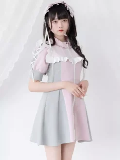 Robe Lolita en maille à volants col manches courtes bloc de couleurs fermeture éclair manteau uniforme de sous-culture