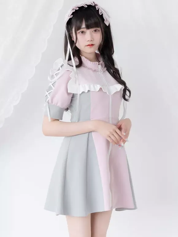 Robe Lolita en maille à volants col manches courtes bloc de couleurs fermeture éclair manteau uniforme de sous-culture