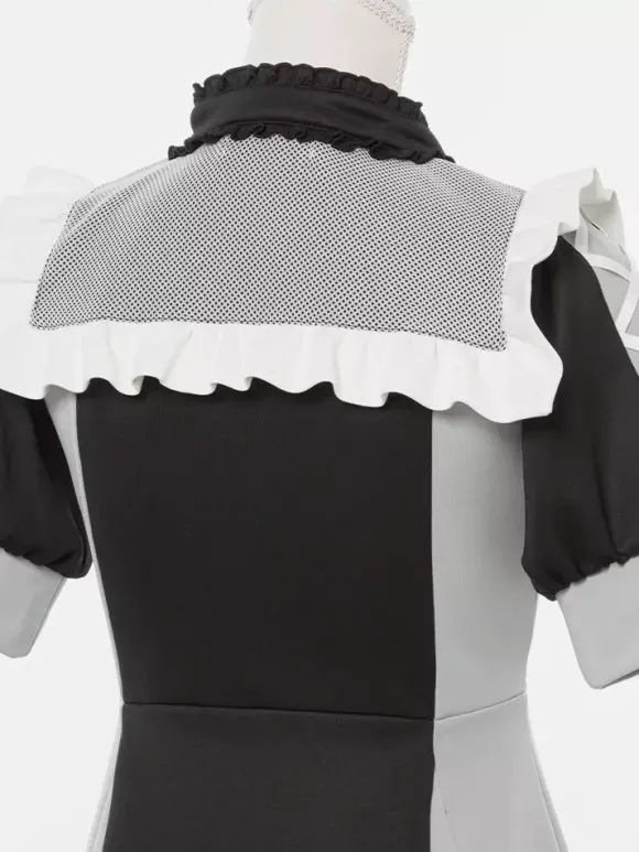 Robe Lolita en maille à volants col manches courtes bloc de couleurs fermeture éclair manteau uniforme de sous-culture