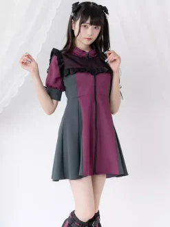 Robe Lolita en maille à volants col manches courtes bloc de couleurs fermeture éclair manteau uniforme de sous-culture