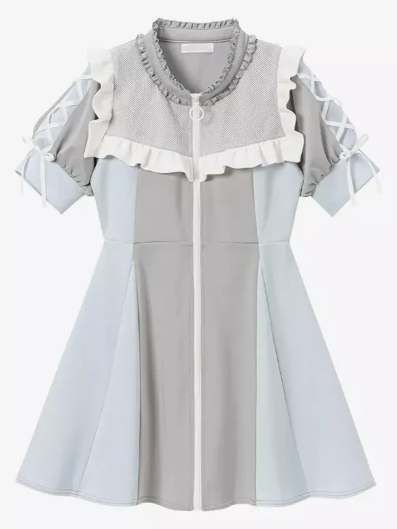 Robe Lolita en maille à volants col manches courtes bloc de couleurs fermeture éclair manteau uniforme de sous-culture