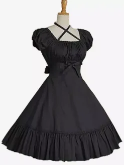 Robe lolita en popeline à volants douse col carré Déguisements