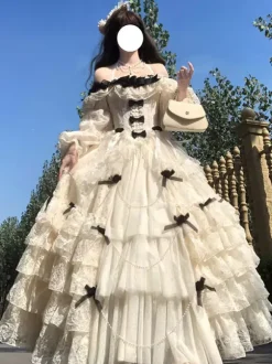 Robe Lolita fée blanche à lacets et n艙uds épaules dénudées style Lolita tea party