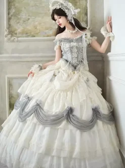 Robe Lolita fée blanche à volants épaules dénudées longueur au sol robe de bal Lolita pour tea party