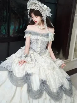 Robe Lolita fée blanche à volants épaules dénudées longueur au sol robe de bal Lolita pour tea party