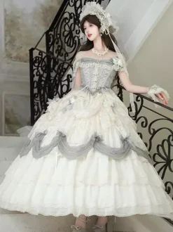 Robe Lolita fée blanche à volants épaules dénudées longueur au sol robe de bal Lolita pour tea party