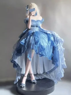 Robe Lolita Fée Bleue coupe asymétrique jolis n艙uds dos nu bretelles bandage et volants
