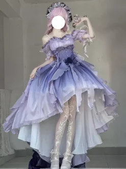 Robe Lolita Fée Bleue coupe asymétrique jolis n艙uds dos nu bretelles bandage et volants