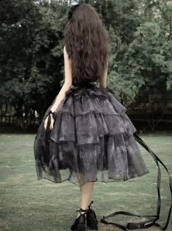 Robe Lolita Fée Noire à volants n艙ud et bretelles lacées style gothique Lolita
