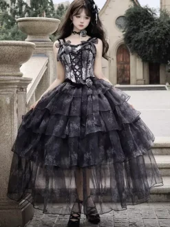 Robe Lolita Fée Noire à volants n艙ud et bretelles lacées style gothique Lolita
