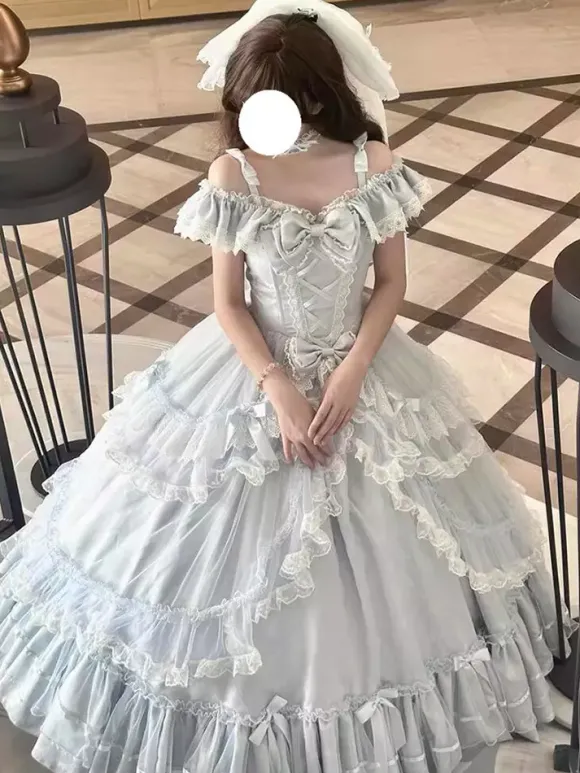 Robe Lolita féerique bleu ciel clair n艙uds volants bandage robe Lolita pour tea party