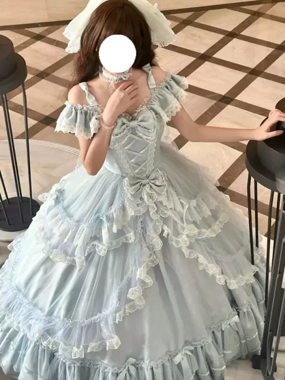Robe Lolita féerique bleu ciel clair n艙uds volants bandage robe Lolita pour tea party