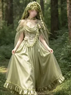 Robe Lolita Fée Verte à volants et fleurs longueur au sol robe Sweet Lolita