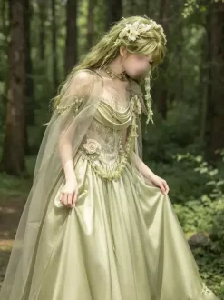 Robe Lolita Fée Verte à volants et fleurs longueur au sol robe Sweet Lolita