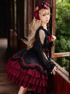 Robe Lolita gothique classique à n艙uds sans manches color block bordeaux robe pull