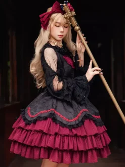 Robe Lolita gothique classique à n艙uds sans manches color block bordeaux robe pull