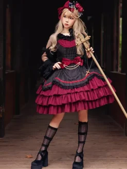Robe Lolita gothique classique à n艙uds sans manches color block bordeaux robe pull