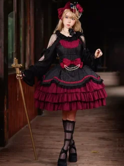 Robe Lolita gothique classique à n艙uds sans manches color block bordeaux robe pull