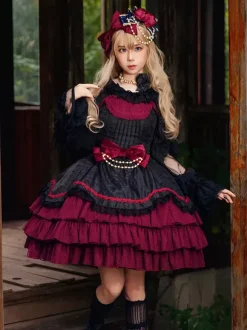 Robe Lolita gothique classique à n艙uds sans manches color block bordeaux robe pull
